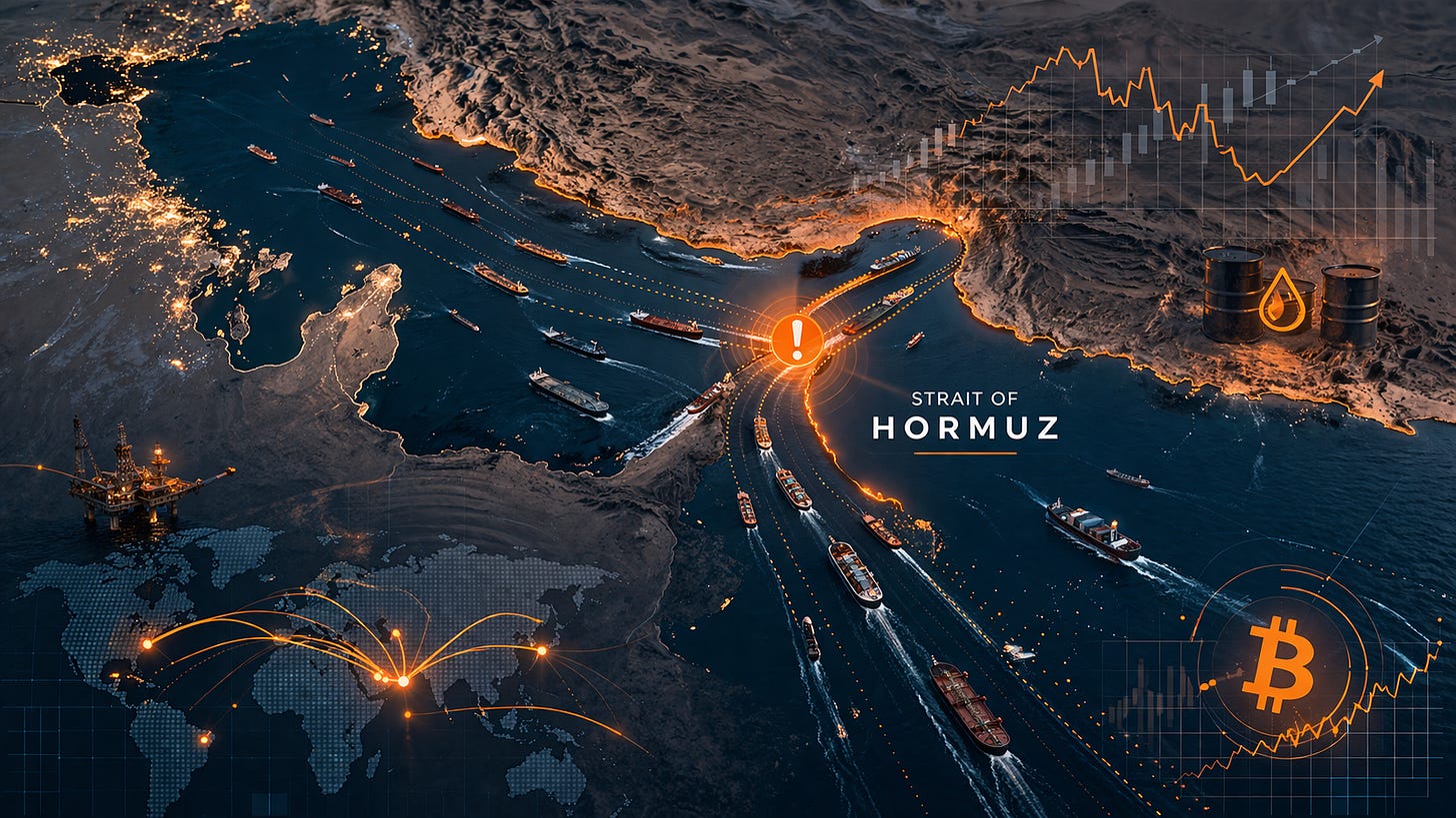 Cinematic map of the Strait of Hormuz showing oil tankers, global trade routes, and macro-financial overlays, illustrating its impact on energy markets and crypto conditions. Cinematic map of the Strait of Hormuz showing oil tankers, global trade routes, and macro-financial overlays, illustrating its impact on energy markets and crypto conditions.