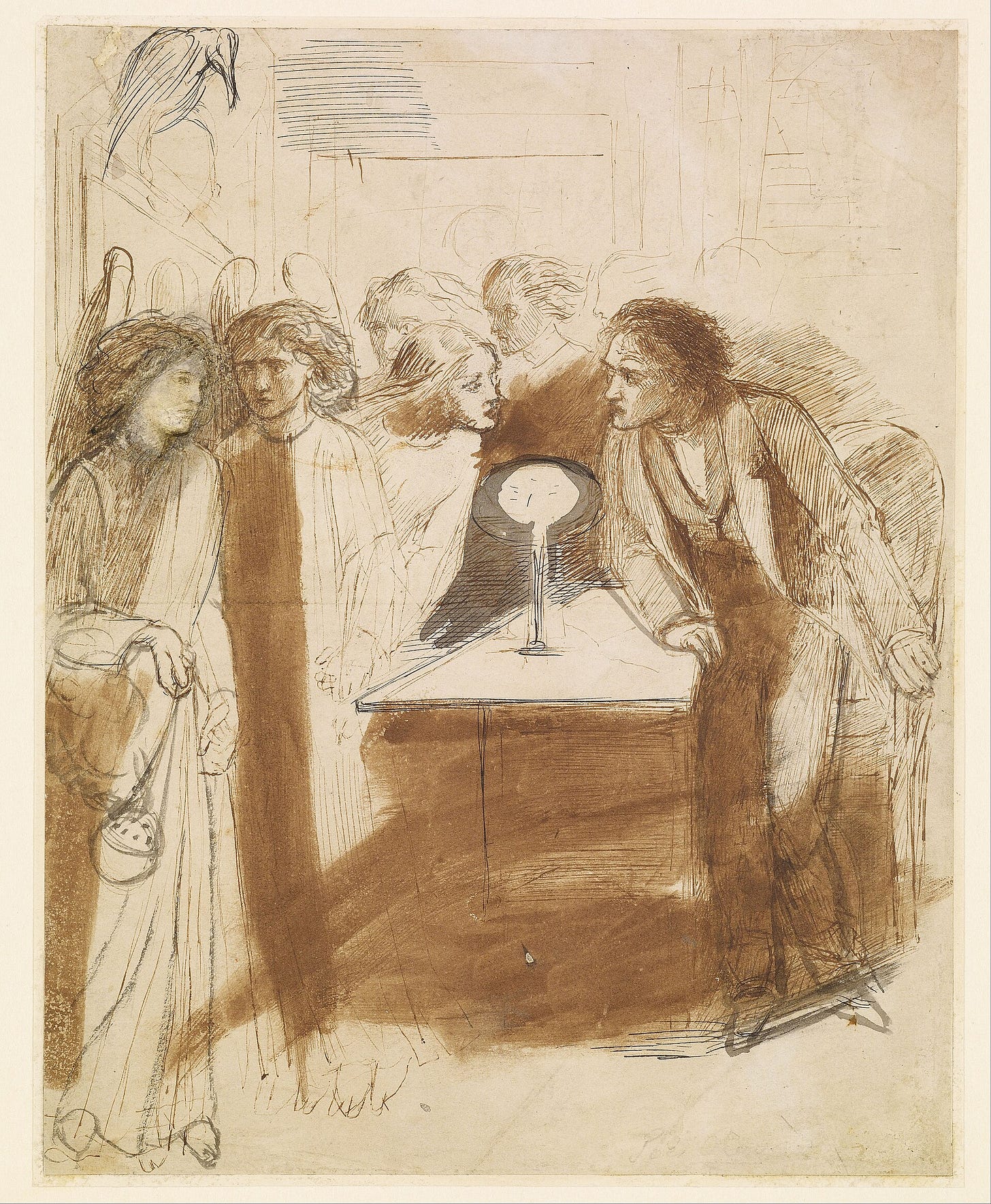 A pen and brown ink drawing of a young man leaning over a table toward a single candle, while a procession of long haired women in robes passes beside him and a raven sits in the upper corner. A pen and brown ink drawing of a young man leaning over a table toward a single candle, while a procession of long haired women in robes passes beside him and a raven sits in the upper corner.