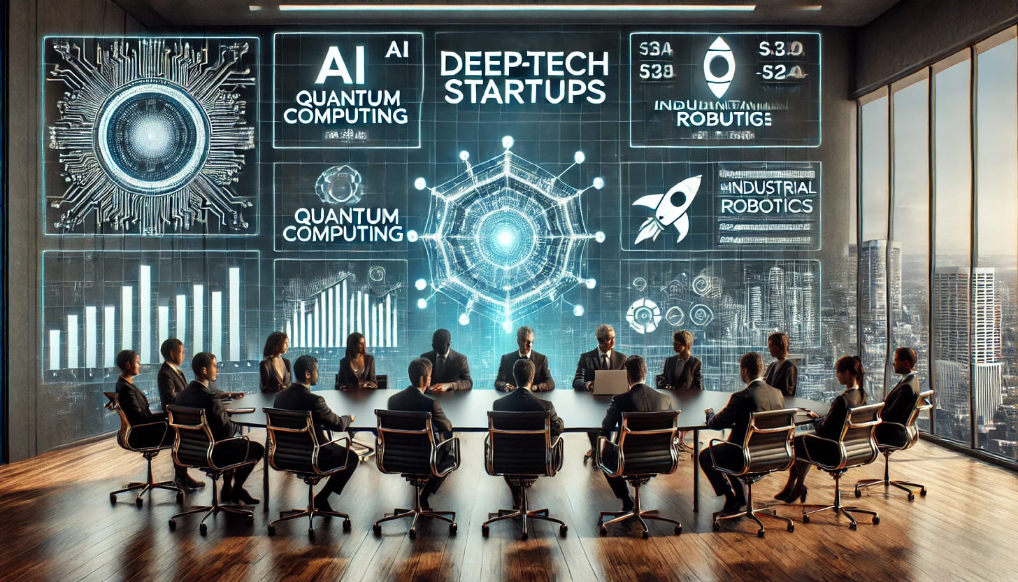 A high-tech investment briefing focused on DeepTech startups. A sleek boardroom with investors analyzing holographic charts displaying the latest funding rounds in AI, quantum computing, aerospace, and industrial robotics. In the background, futuristic startup logos and financial graphs highlight investment trends. The setting is modern and cutting-edge, showing the intersection of finance and DeepTech innovation.