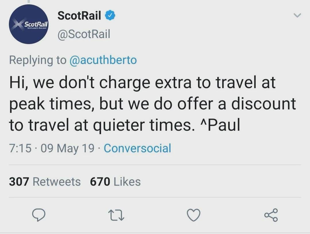Today ScotRail officially scrap peak fairs, and this reminds me of my  favourite Tweet of all time. : r/Scotland