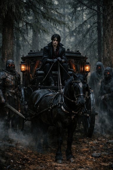 Strahd’s black carriage under ancient pine grove, sleek silent lacquered coach, Escher driving with androgynous dark elegance, wights and spectres flanking Strahd’s black carriage under ancient pine grove, sleek silent lacquered coach, Escher driving with androgynous dark elegance, wights and spectres flanking