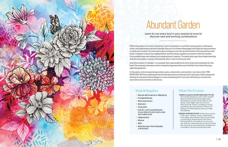May include: A colorful abstract floral illustration with a text overlay about an art project called "Abundant Garden". The text describes the project as a way to learn to use every tool in your arsenal at once to discover new and exciting combinations. The text also lists tools and supplies needed for the project.