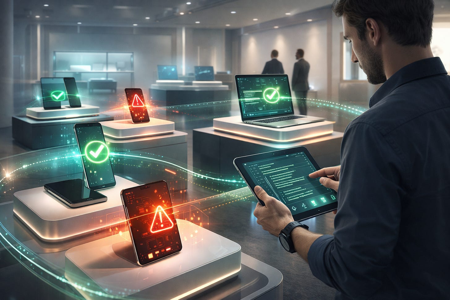 A man uses a tablet to monitor digital security alerts on various devices in a modern showroom. 