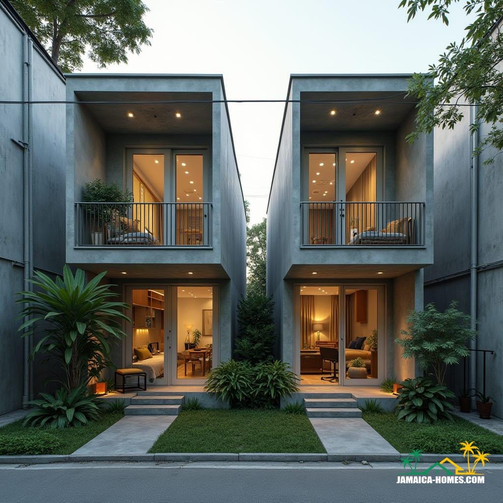 Twin Modular Urban Home
Design: Two 20-ft concrete modules side by side with shared narrow porch.
Materials: Concrete, steel, glass, timber accents.
Features: Solar panels, ventilated roof, cross-ventilation, narrow garden strip at front.
Environment: Dense city lot, neighboring buildings close by, small tropical plants in front.
Style Notes: Modern, practical, functional for small urban family or rental.