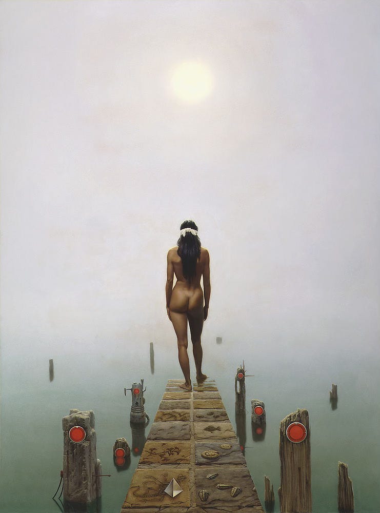 View from behind as a nude female with deep bronze skin stands at the edge of a causeway that gradually slopes into gray green water. With a white blindfold knotted over straight black hair, she can't see the path ahead but she can surely feel foggy atmosphere on her bare skin and the water on her foot as she takes a tentative step forward into the unknown. With each step, the rough stone path is textured with fossil record (trilobites, ammonites, plants, fish, etc). A glass triangular pyramid rests on the stone in the immediate foreground. Pylons set with red bicycle reflectors jut out of the water beside the causeway. The material of the posts changes from rough wood to carved stone to formed metal as the causeway descends symbolizing the progression of technology running alongside evolution in the fossil record. View from behind as a nude female with deep bronze skin stands at the edge of a causeway that gradually slopes into gray green water. With a white blindfold knotted over straight black hair, she can't see the path ahead but she can surely feel foggy atmosphere on her bare skin and the water on her foot as she takes a tentative step forward into the unknown. With each step, the rough stone path is textured with fossil record (trilobites, ammonites, plants, fish, etc). A glass triangular pyramid rests on the stone in the immediate foreground. Pylons set with red bicycle reflectors jut out of the water beside the causeway. The material of the posts changes from rough wood to carved stone to formed metal as the causeway descends symbolizing the progression of technology running alongside evolution in the fossil record.