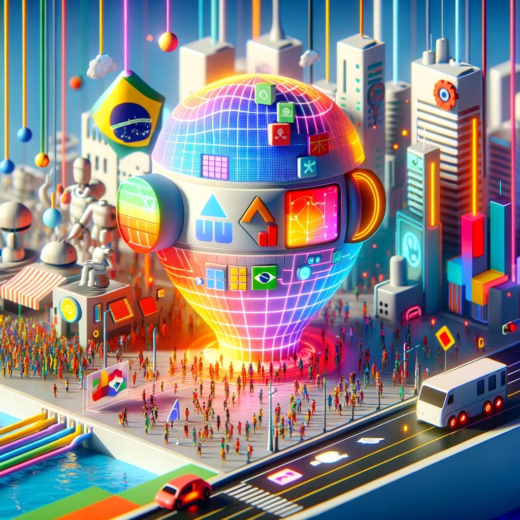 Create a colorful, 3D image illustrating the concept of a futuristic society where technology seamlessly integrates into everyday life, yet there's a noticeable absence of cultural, religious, and racial concepts. This society operates under an advanced regulatory framework that overlooks the risks of cultural hegemony and homogenization. The image should reflect the urgency of incorporating cultural dimensions into AI regulation, especially to protect the diversity of Brazilian culture. The visual should subtly hint at a world where technology has advanced without sufficient consideration for cultural diversity, leading to a homogenized society.