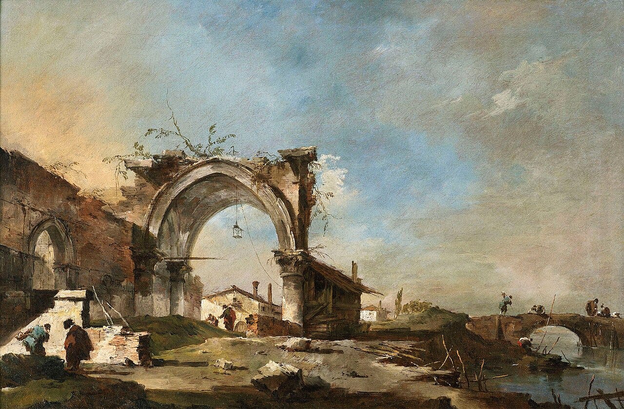 A crumbling Venetian bridge over a quiet side canal painted in flickering, sketchy light A crumbling Venetian bridge over a quiet side canal painted in flickering, sketchy light