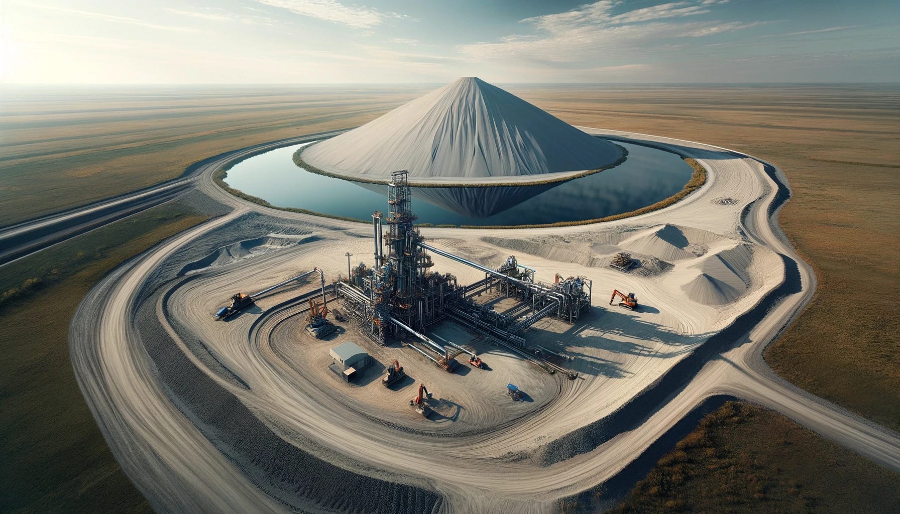 High-pressure pump, water pond, and sand pile representing geomechanical storage risk.
