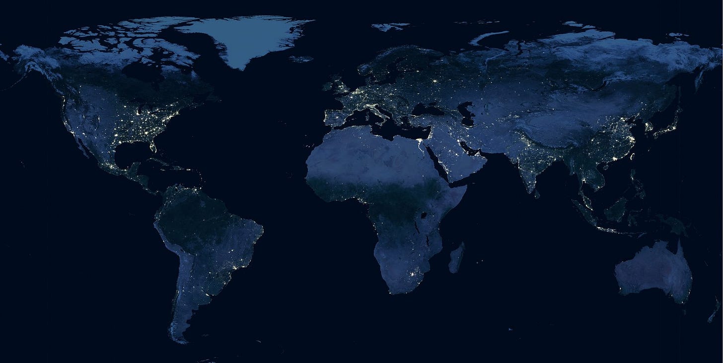 Nighttime projection of Earth with city lights visible Nighttime projection of Earth with city lights visible