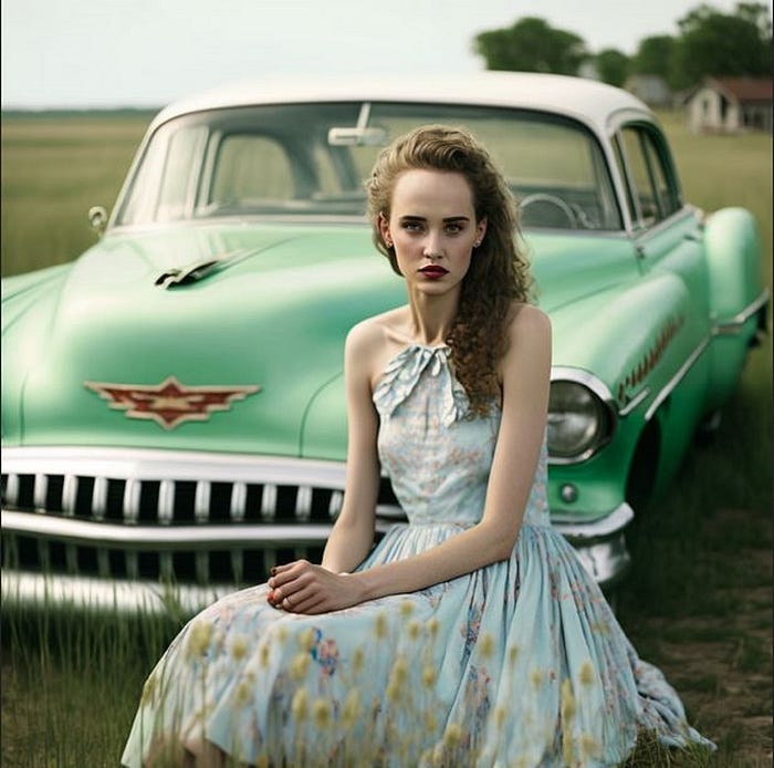 A young woman sitting on the grass, in front of an old Chevy, wearing a prom dress. A young woman sitting on the grass, in front of an old Chevy, wearing a prom dress.
