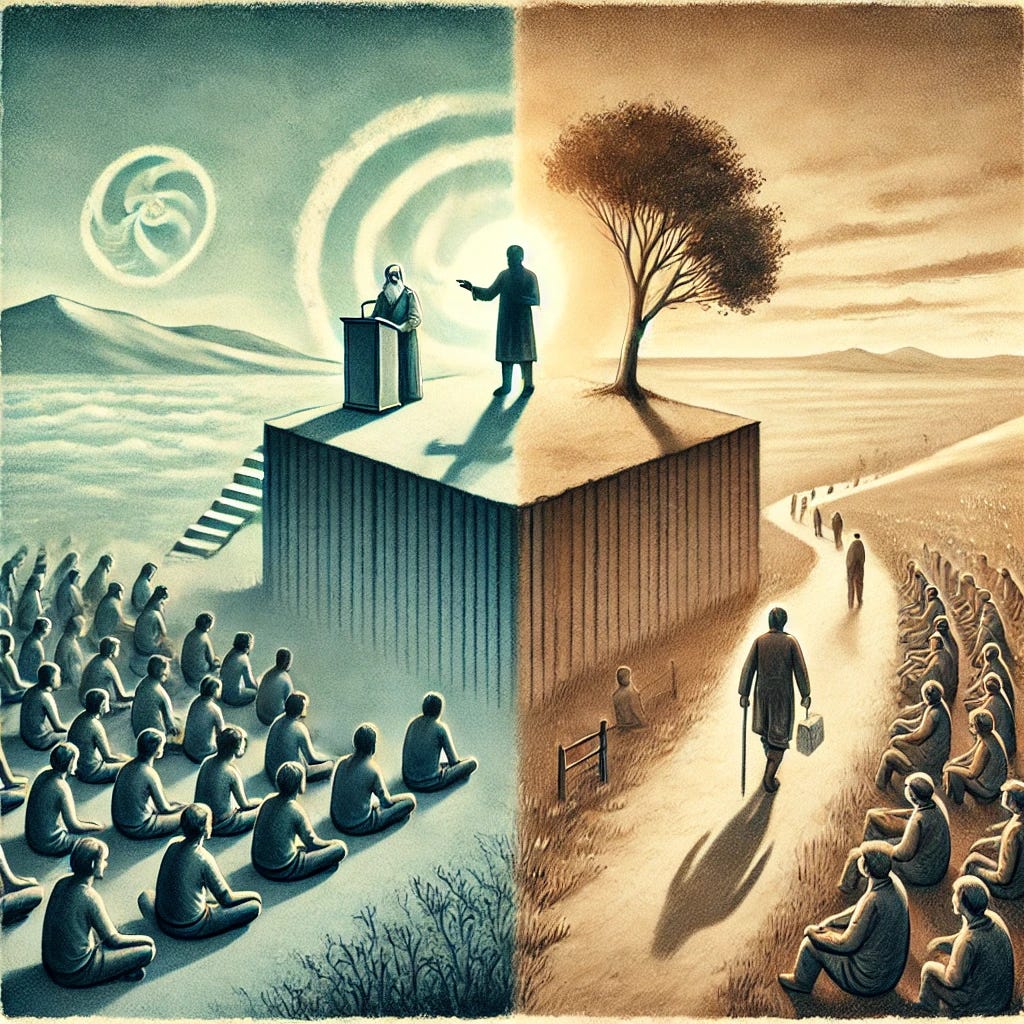 A symbolic illustration representing the contrast between 'sage on the stage' and 'guide on the side'. On one side, a figure stands on a grand, elevated stage, addressing a passive audience seated below, symbolizing traditional teaching or lecturing. On the other side, a more humble, grounded scene shows a figure walking alongside a group of people on a path, symbolizing guidance, collaboration, and relational leadership. The two scenes are visually divided but connected by a shared landscape, like a horizon or soft gradient. The tone is artistic, metaphorical, and thought-provoking, with natural elements like trees or soft light to add symbolism.