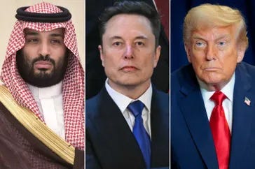 Crown Prince Mohammed bin Salman attends a signing ceremony in Saudi Arabia, on October 14, 2019., Elon Musk arrives for US President Donald Trump's address to a joint session of Congress in the House Chamber of the US Capitol in Washington, DC, on March 4, 2025., President Donald Trump looks on during a meeting at the 80th session of the UN’s General Assembly at the United Nations headquarters on September 23, 2025 in New York City.