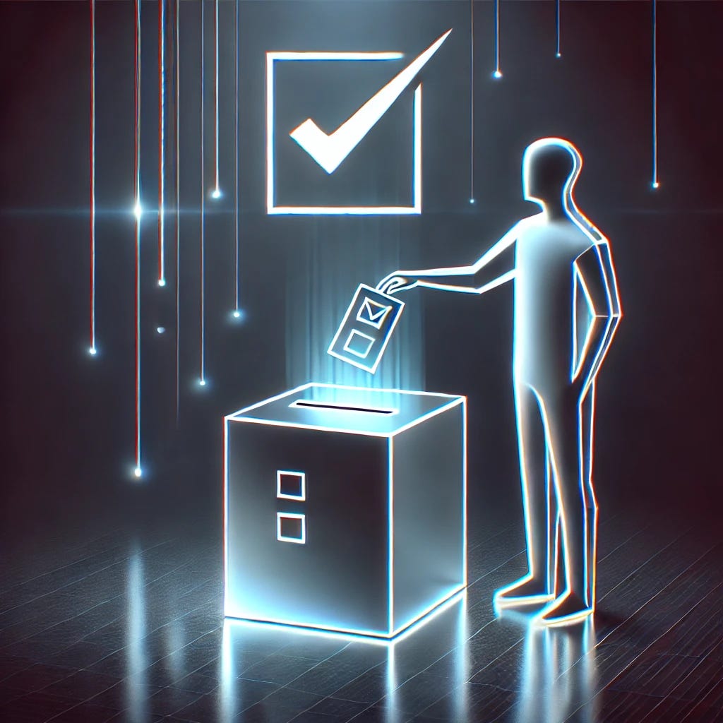 A minimalistic, futuristic image showing a ballot box, a ballot, and a voter silhouette with no words. The ballot box is depicted with sleek, angular lines, glowing softly in neon blue and silver tones. The ballot itself is a clean, geometric shape, hovering slightly above the box, with an electronic glow. A silhouette of a voter is shown reaching towards the box, stylized in a streamlined, abstract form. The background is dark with subtle gradients, giving a tech-inspired, sci-fi aesthetic without any text. A minimalistic, futuristic image showing a ballot box, a ballot, and a voter silhouette with no words. The ballot box is depicted with sleek, angular lines, glowing softly in neon blue and silver tones. The ballot itself is a clean, geometric shape, hovering slightly above the box, with an electronic glow. A silhouette of a voter is shown reaching towards the box, stylized in a streamlined, abstract form. The background is dark with subtle gradients, giving a tech-inspired, sci-fi aesthetic without any text.