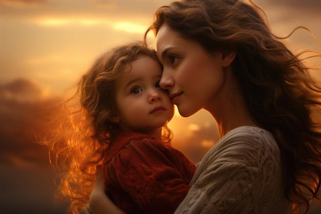 Mother and child under sunset sky | Premium AI-generated image