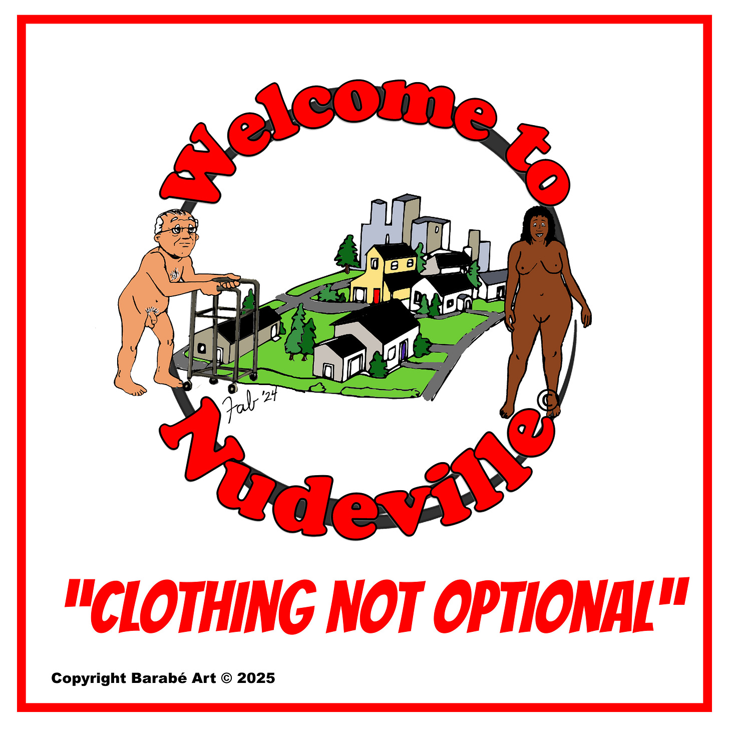 Panel 1: The Welcome to Nudeville logo shows two nude people standing by a small town under the slogan “Clothing not optional.”