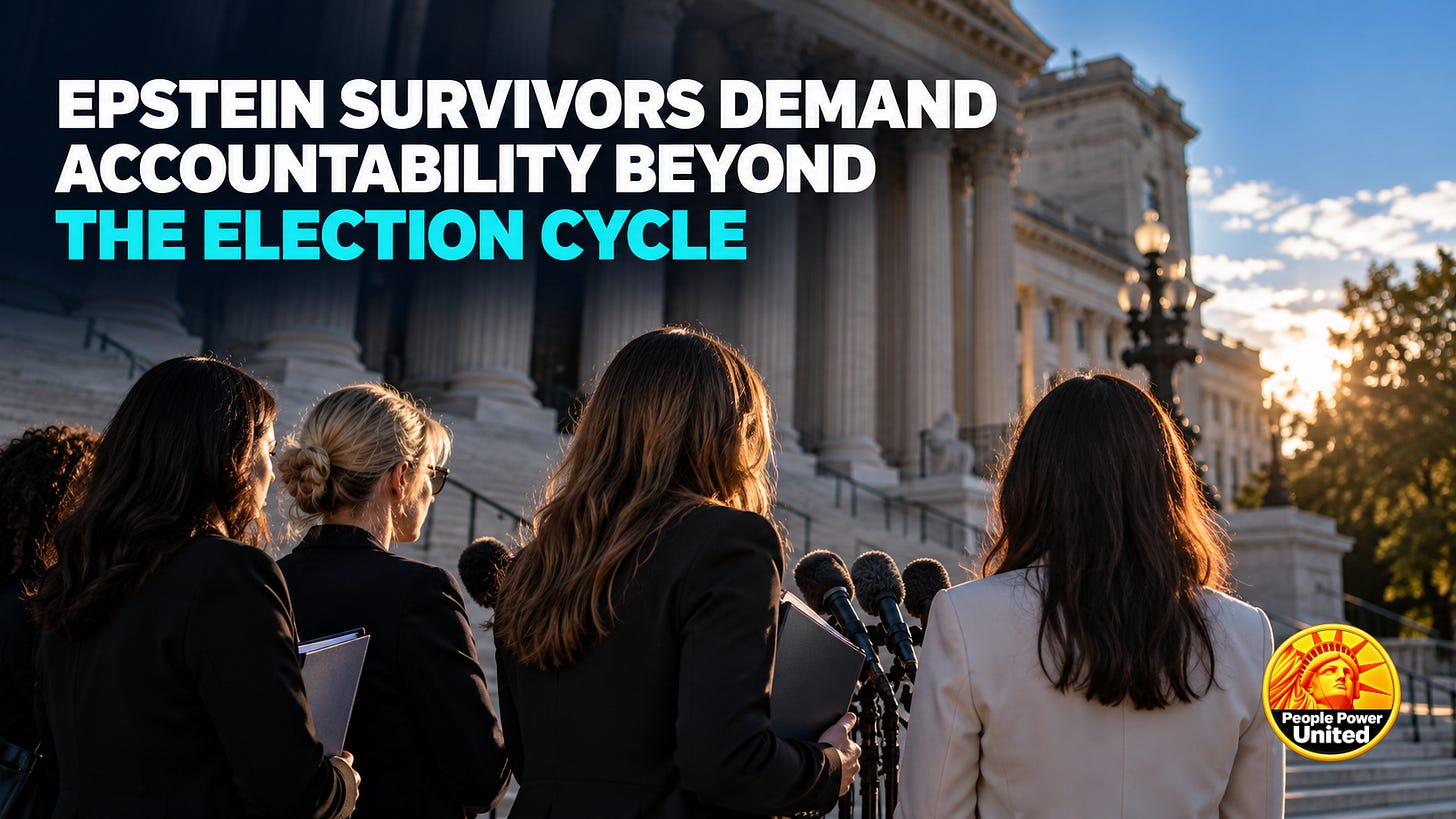 Epstein survivors demand accountability beyond the election cycle. Epstein survivors demand accountability beyond the election cycle.