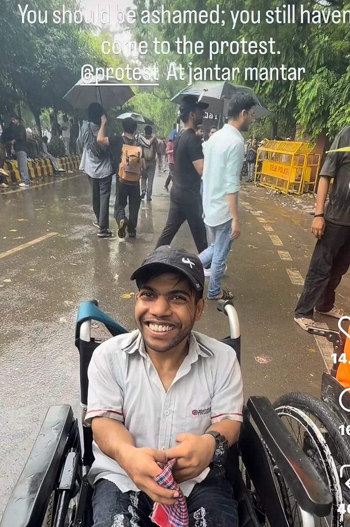 a gallery of 4, first one with a wheelchair user, second with an autistic woman weraing a helmet and headphones, third with a Deaf student and the fourth with a wheelchair user. All are communicating with reporters.