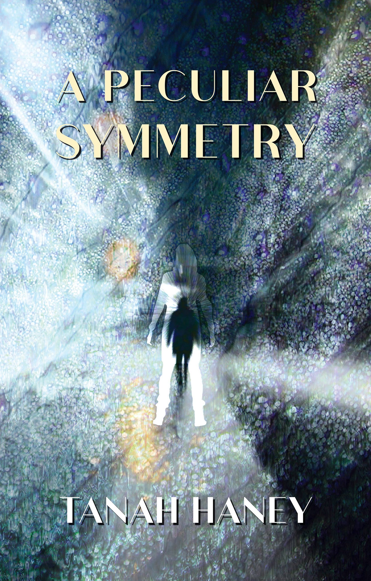 Cover of A Peculiar Symmetry... a woman walking away from us, within a silhoutte of herself