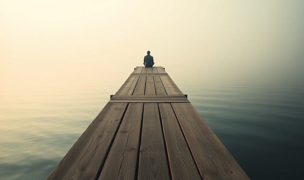 Silhouette of person sitting alone at end of long wooden pier over calm water, vintage cinematic tones with warm golden light, representing peaceful solitude and contentment in being alone