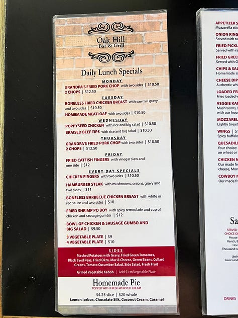 the menu from oak hill bar and grill