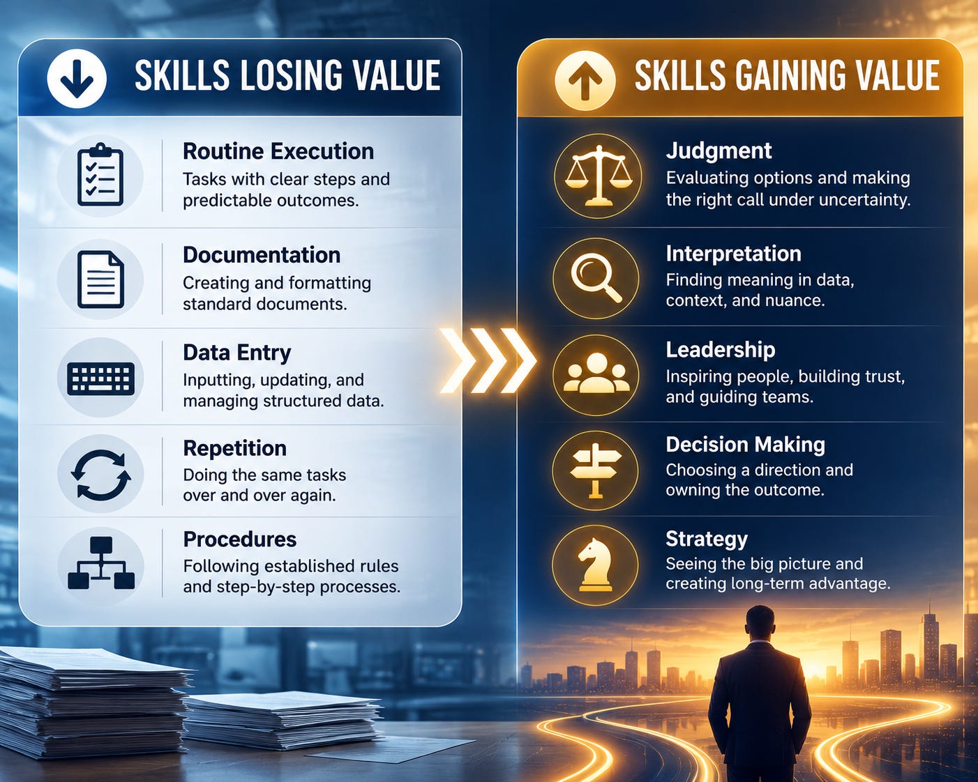 Comparison infographic showing workplace skills losing value through AI automation, including routine execution, documentation, and data entry, alongside skills gaining value such as judgment, interpretation, leadership, decision making, and strategy. Comparison infographic showing workplace skills losing value through AI automation, including routine execution, documentation, and data entry, alongside skills gaining value such as judgment, interpretation, leadership, decision making, and strategy.