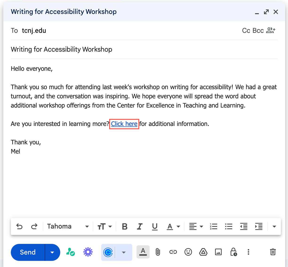 Screenshot of an email draft about a Writing for Accessibility Workshop, addressed to tcnj.edu with gratitude for workshop attendance, an invitation to learn more with a hyperlink, and signature from Mel.