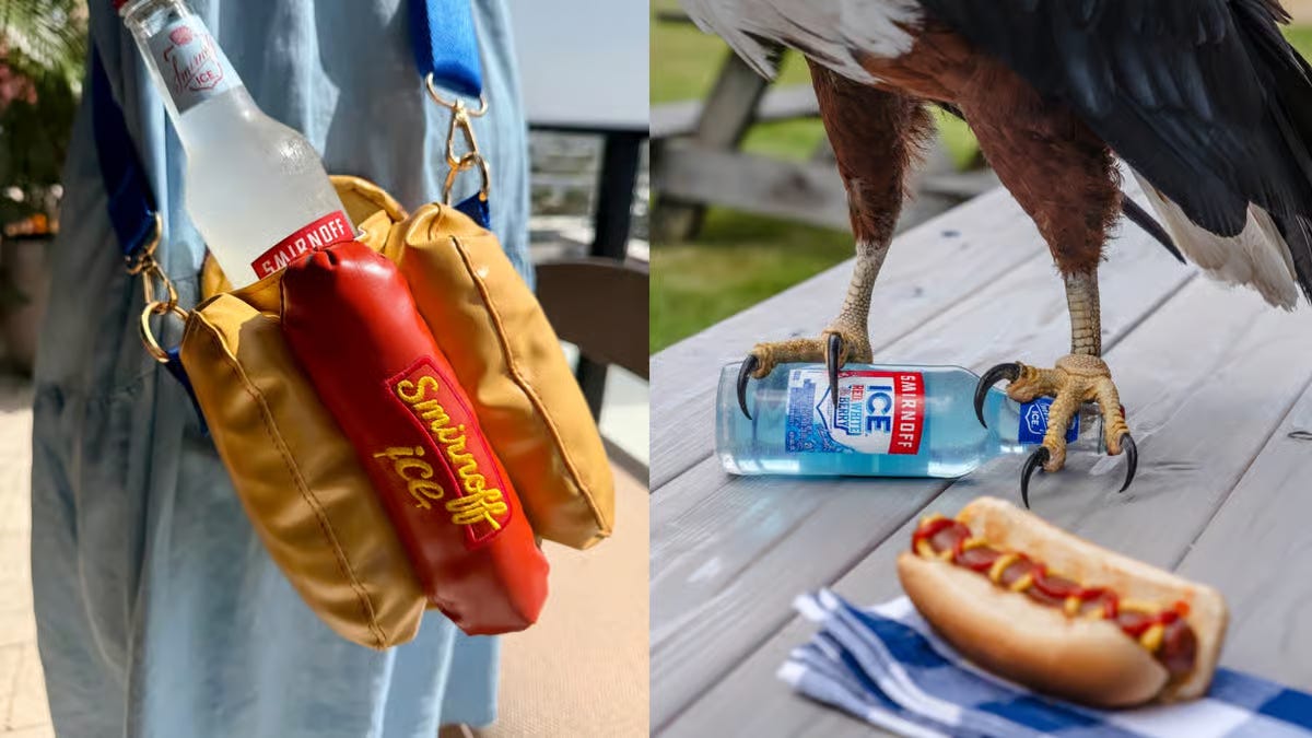 A person wearing a hotdog-shaped purse made to hold a bottle of Smirnoff on one panel, the other is a bald eagle with a Smirnoff Ice in its talons next to a hot dog on a picnic table