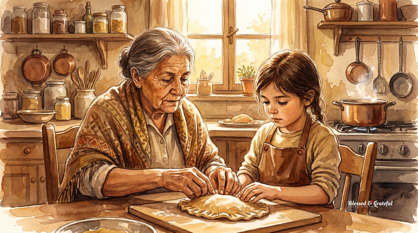 An Argentine grandmother guiding her granddaughter's hands on the empanada crimp An Argentine grandmother guiding her granddaughter's hands on the empanada crimp