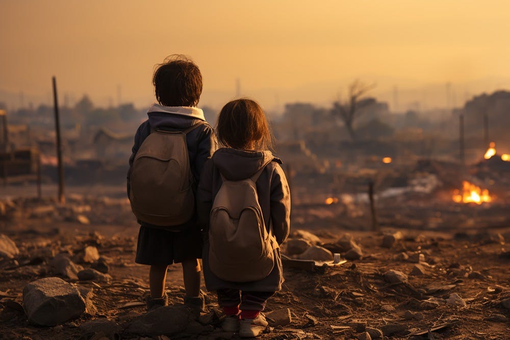 Children Look at Ruins of City