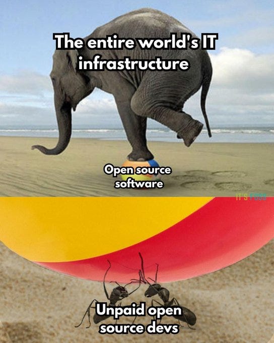 An image depicting the stark contrast between the weight of the world's IT infrastructure, represented by a massive elephant standing on a beach ball labeled "Open source software," and the unpaid open source developers, depicted as tiny ants struggling to hold up the ball.