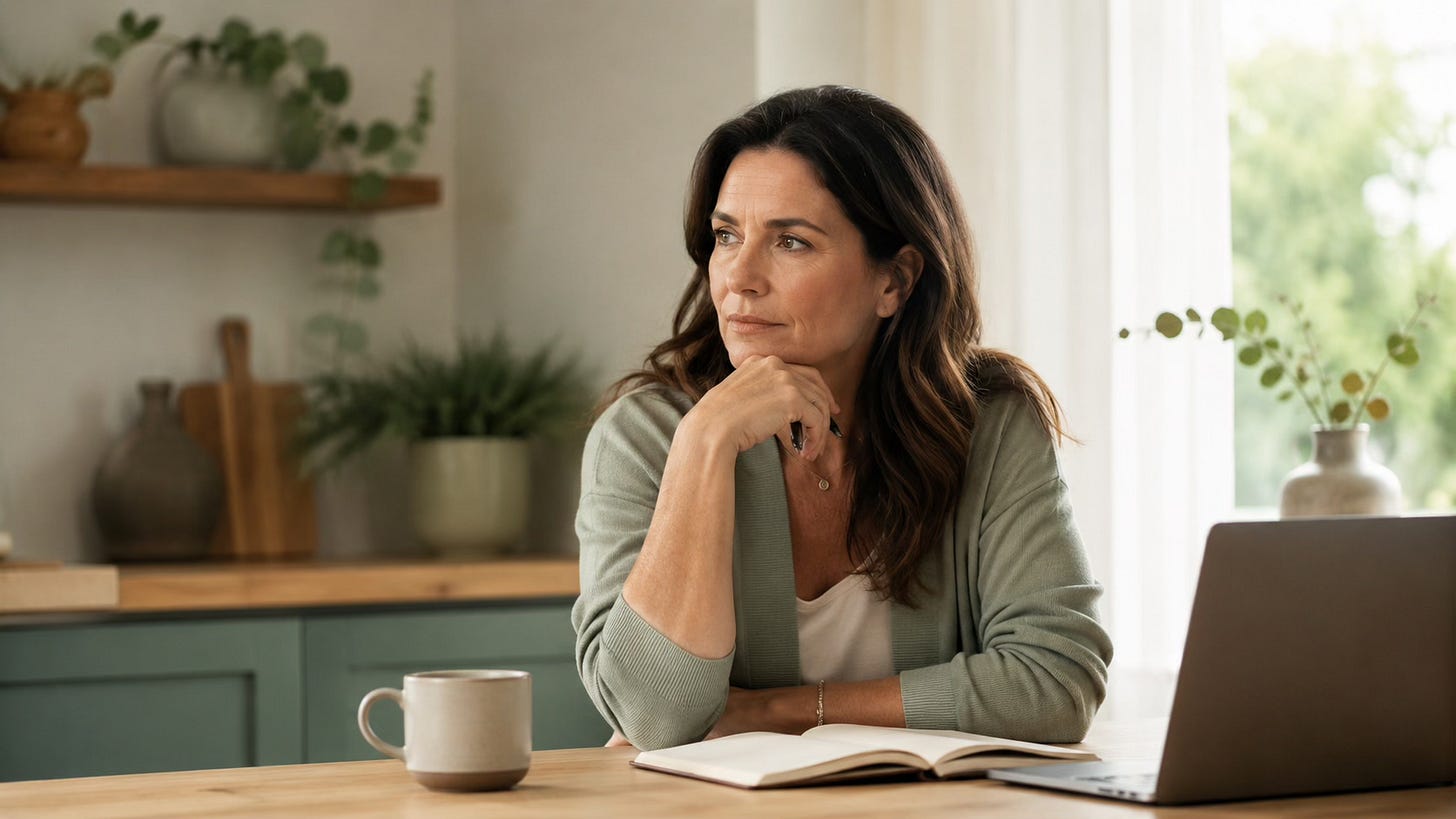 Woman thoughtfully considering private Clinical EFT support at a calm table with a notebook and cup.