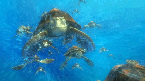 Scena dal film d'animazione Disney/Pixar "Alla Ricerca di Nemo" che mostra un grande gruppo di tartarughe marine, adulti e cuccioli (come Crush e Scuitt), che nuotano attraverso la Corrente dell'Australia Orientale (EAC). L'acqua è di un blu intenso e turchese, con bolle che creano un effetto vortice attorno agli animali.
