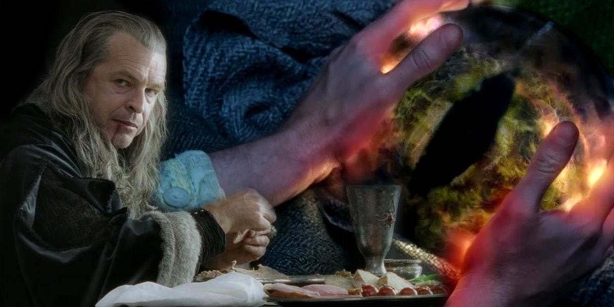 Denethor played by John Noble in Minas Tirith with Palantir in LOTR Return of the King