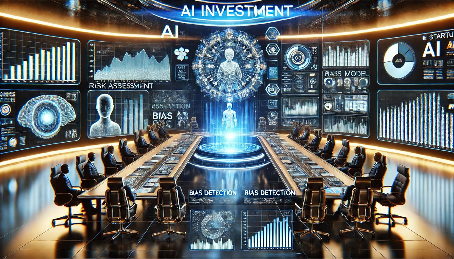 A futuristic AI investment dashboard with glowing financial charts, risk assessment metrics, and a sleek, high-tech interface. The background features a high-stakes boardroom where investors analyze AI startup potential, surrounded by holographic screens displaying AI model evaluations, bias detection, and market trends. The atmosphere is dynamic, with a mix of blue and gold tones, emphasizing wealth and technology.