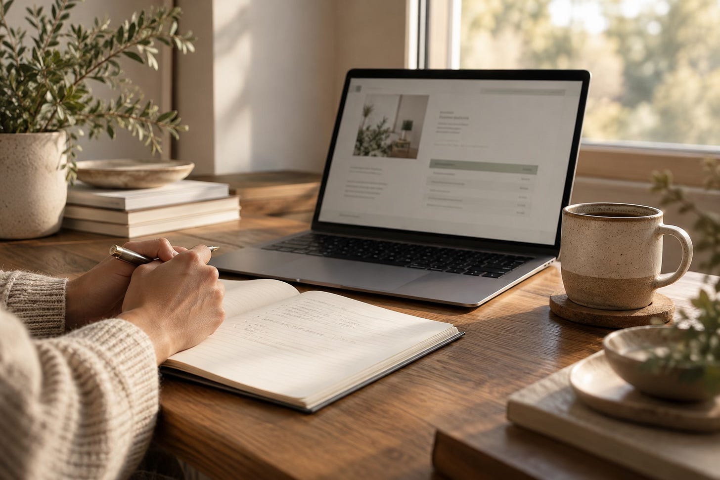 Laptop, notebook, and pen on a wooden desk, suggesting a thoughtful pause before a pricing conversation.