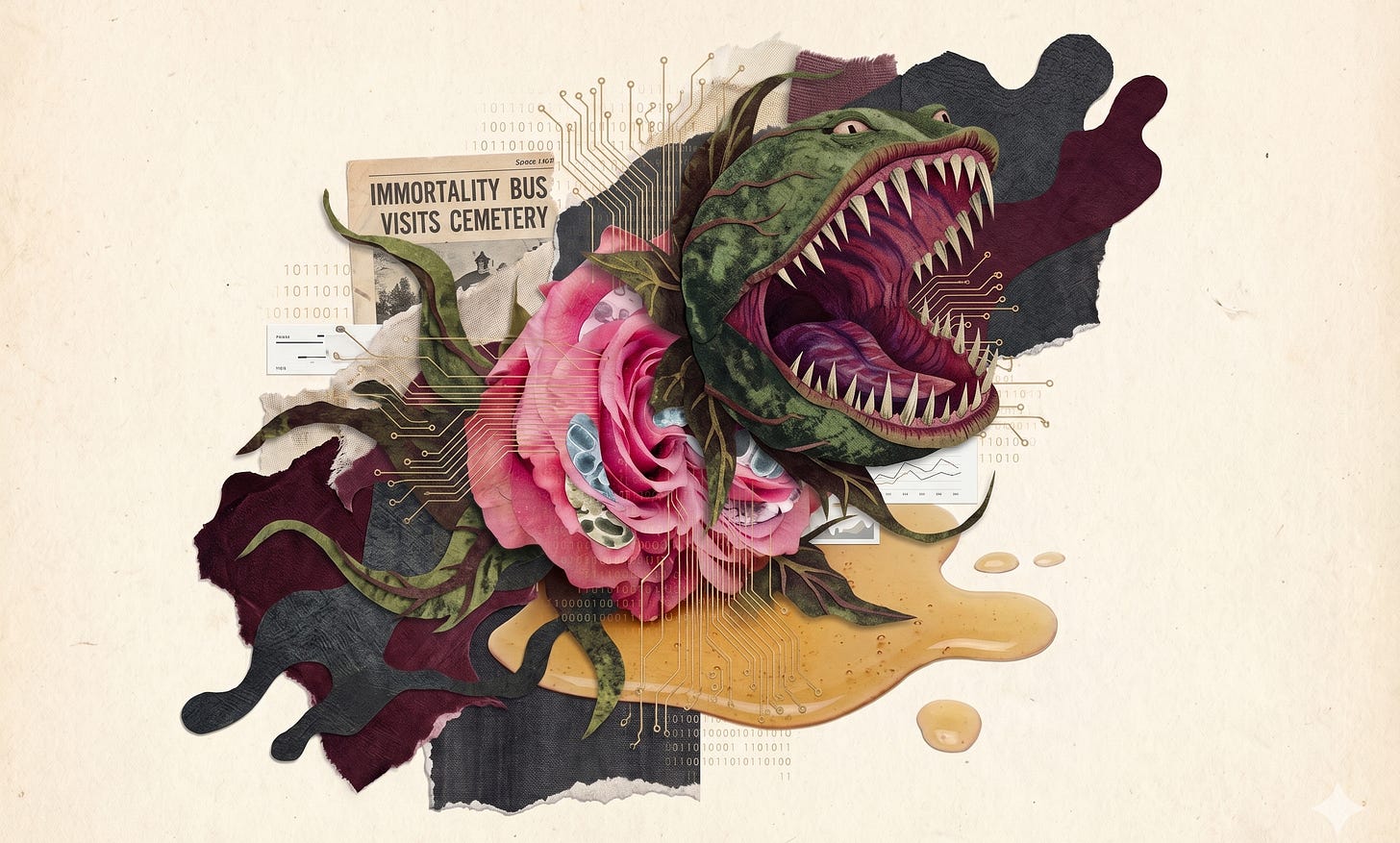This version combines the central rose and hVarious cut-paper and found-object elements that evoke the themes of biohacking, female corporeality, and data.