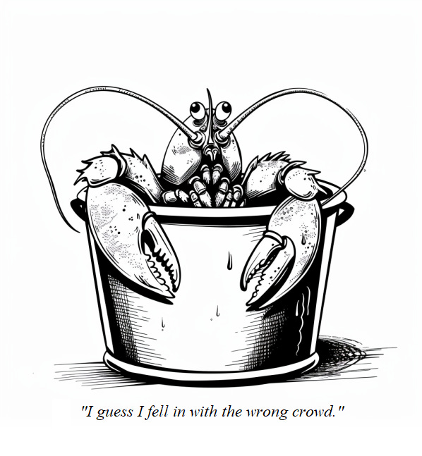 A lobster sits in a pot, looking doleful. The caption reads: "I guess I fell in with the wrong crowd."
