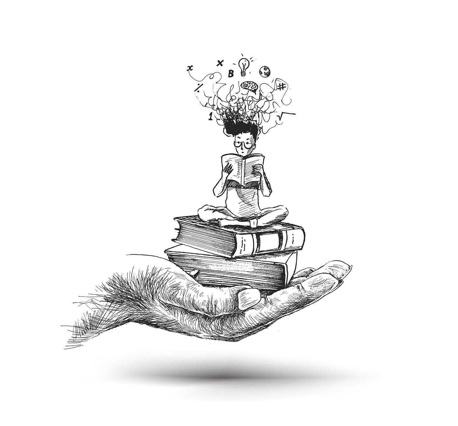 A illustration of a child sat on a pile of books reading. 