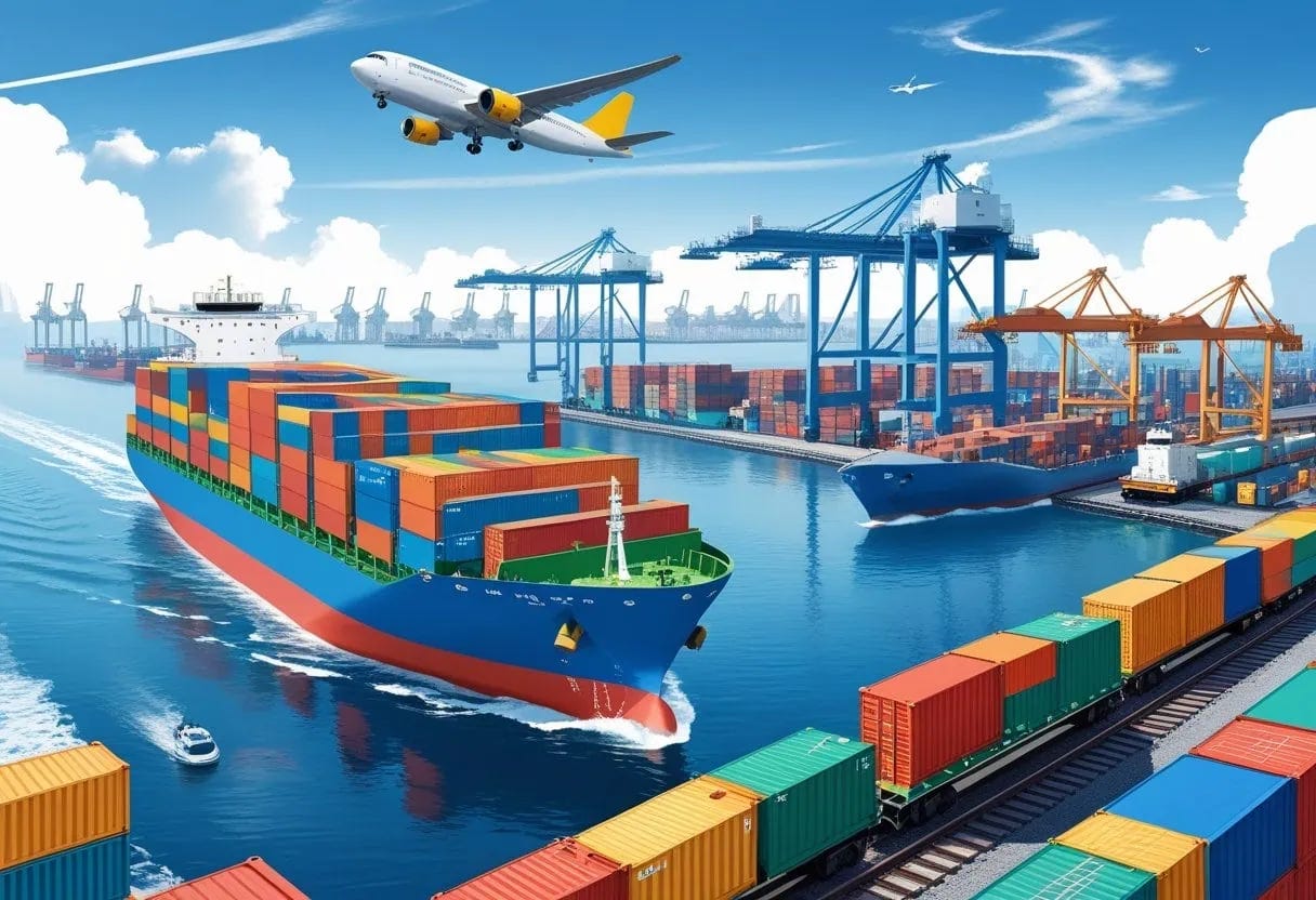 A cargo ship, freight airplane, and freight train transporting containers near a busy port with cranes and a map outline of China in the background.