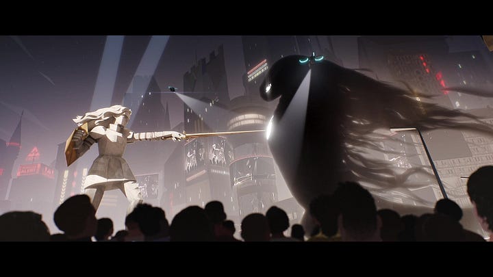 The first image depicts a giant black beast with it's head thrown back, roaring in grief. In the second image, the beast is pressing its chest to a sword held outstretched by a giant statue of a female knight, all while helicopters and streets full of people look on.
