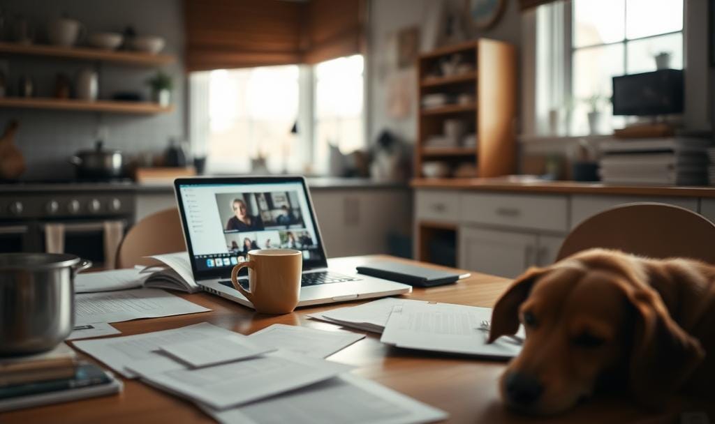 Home workspace with a laptop on a kitchen table during a video meeting, surrounded by scattered papers, a coffee mug, and a dog resting nearby — a candid scene showing the emotional labor of remote work blending with daily life. Home workspace with a laptop on a kitchen table during a video meeting, surrounded by scattered papers, a coffee mug, and a dog resting nearby — a candid scene showing the emotional labor of remote work blending with daily life.