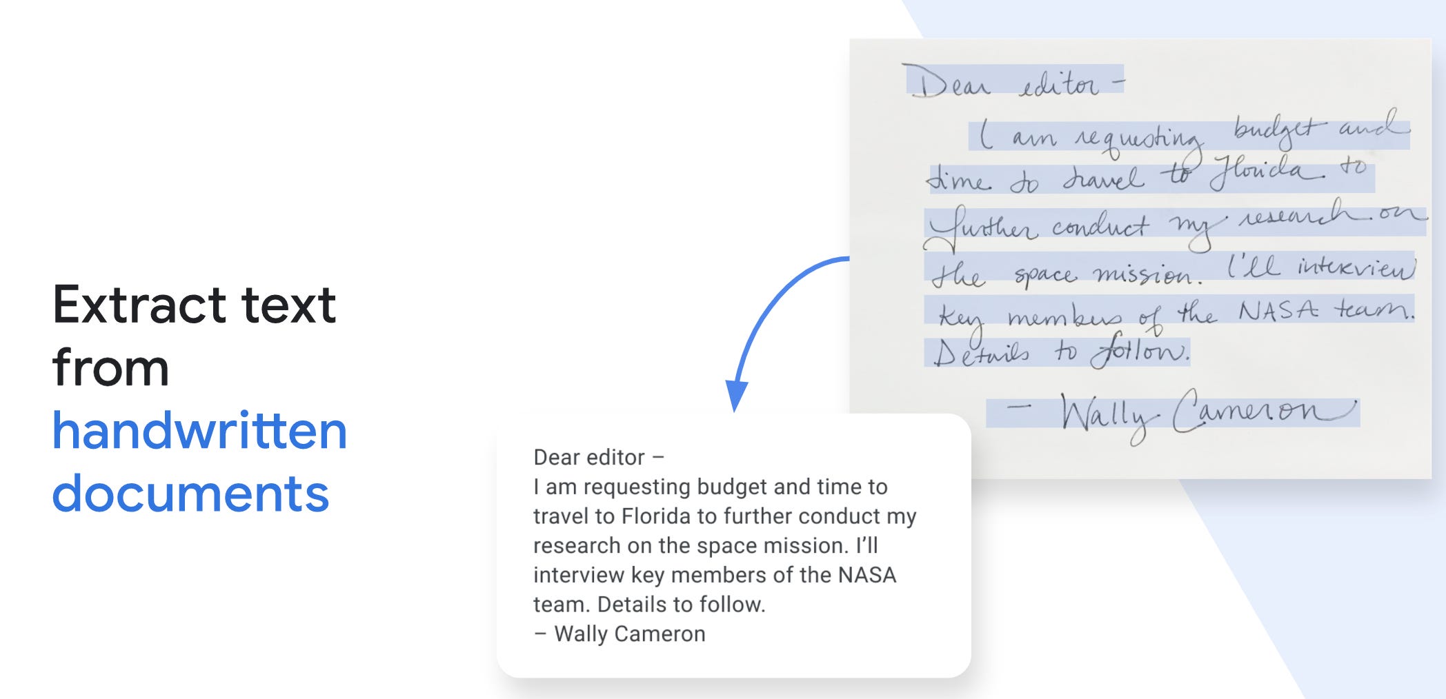Google diagram showing Pinpoint extracting typed text from a handwritten letter. Alt-text generated with Claude AI.