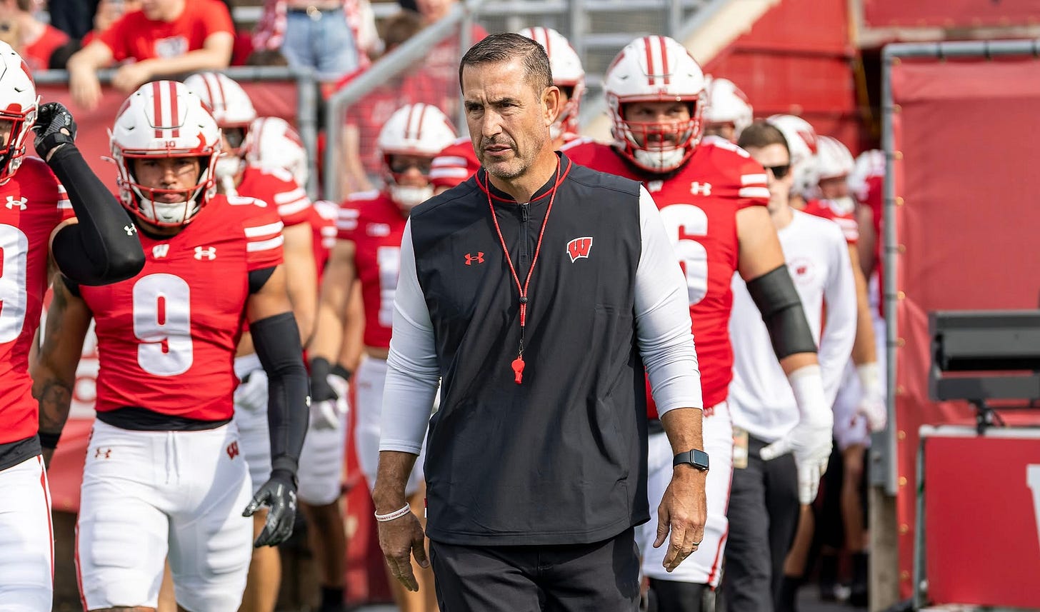 Wisconsin Badgers head football coach Luke Fickell leads the team onto the field at Camp Randall Stadium. Photo credit: UW Athletics.