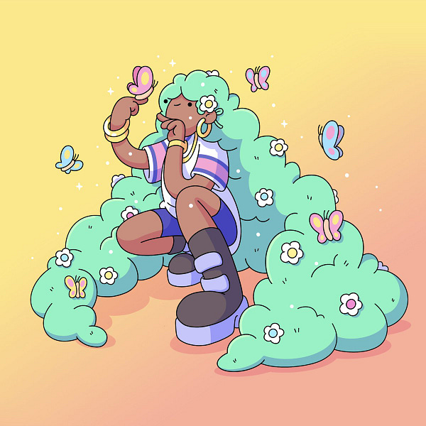 A Doodle sitting in the middle of a yellow and orange gradient background, surrounded by flowing green hair, which is accented with butterflies and flowers. She's wearing a white t-shirt with purple and pink stripes on the sleeves, purple shorts, gold hoop earrings, gold bangles, and boots accented with purple stripes. 