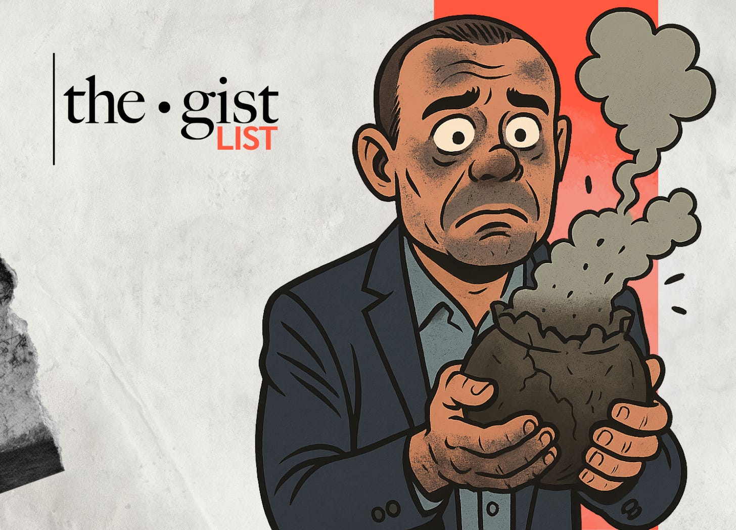 A cartoon-style illustration of a man resembling Dan Bongino holding a small cartoon bomb that has already exploded.