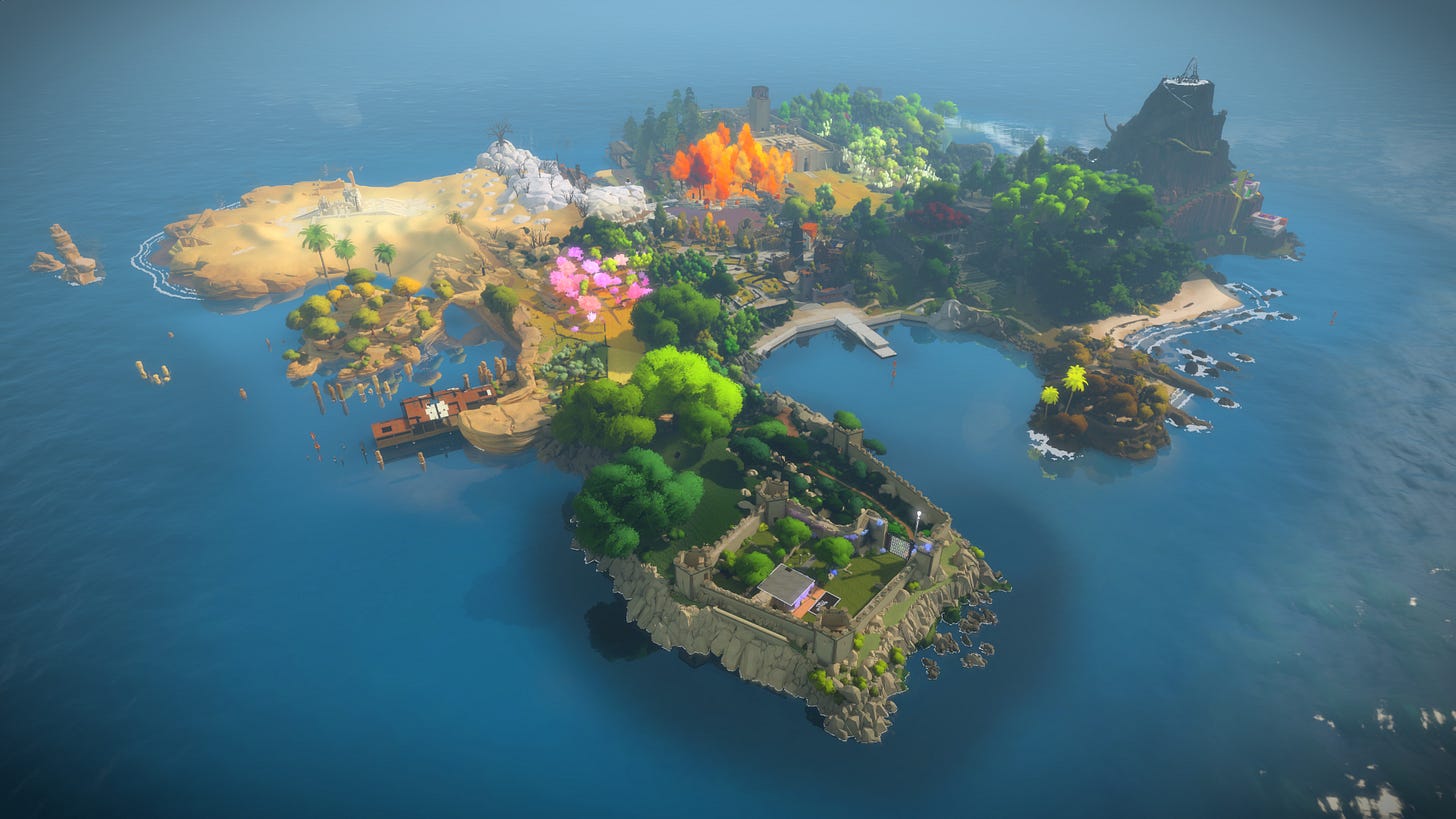 The screenshot showing the entirety of the island presented in the video game The Witness from the birds eye point of view