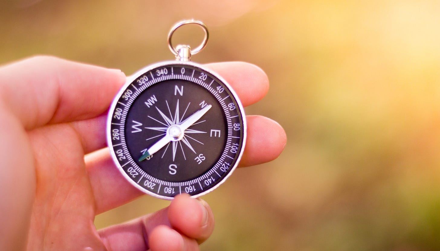 Man's hand holding a compass against a warm golden light