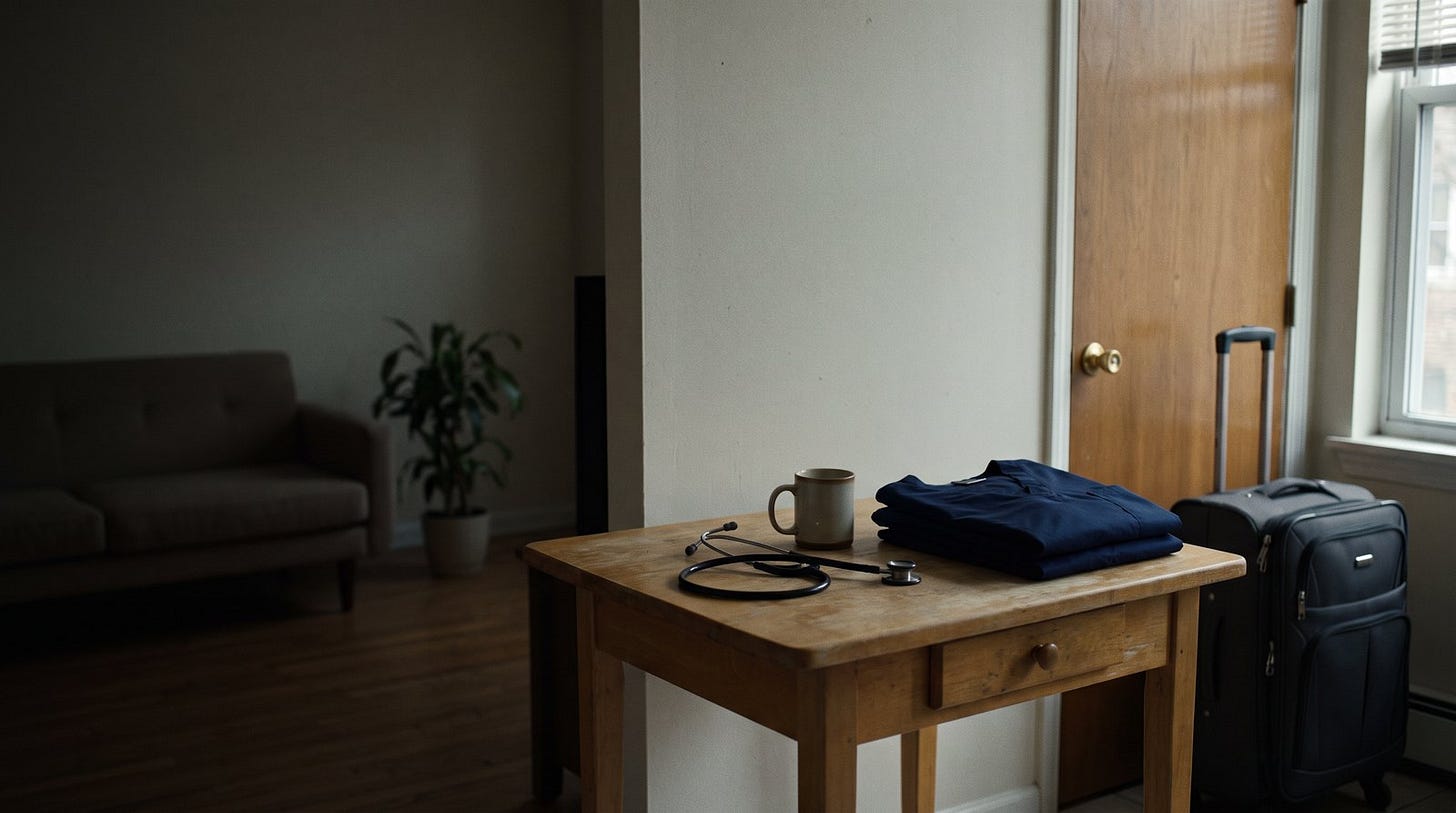 A small wooden table in a furnished apartment with a stethoscope, a coffee mug and folded navy scrubs, a packed suitcase by the door. A small wooden table in a furnished apartment with a stethoscope, a coffee mug and folded navy scrubs, a packed suitcase by the door.