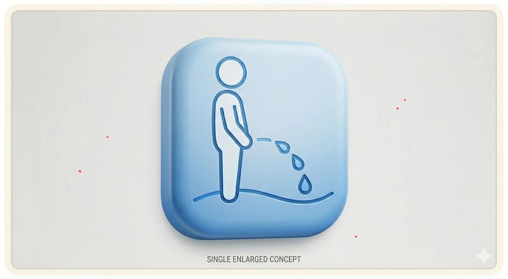 A blue 3-D button on a grey background. On the button, a schematised upright person is having a wee.