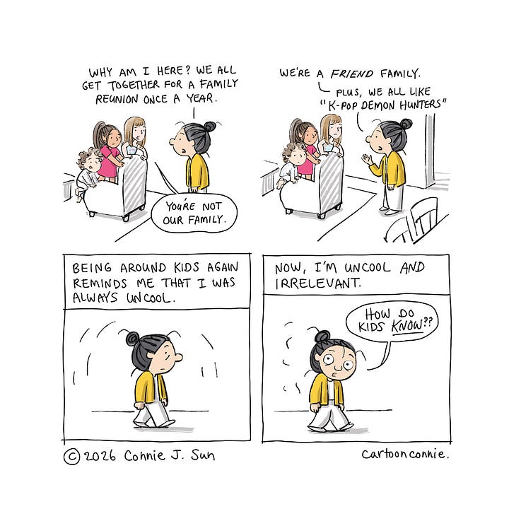 8-panel color diary comic illustrating the perceptive, brutal honesty of young children in a series of humbling exchanges with the artist. Titled "Friends With Kids," 2026, by Connie Sun, published on blog.cartoonconnie.com